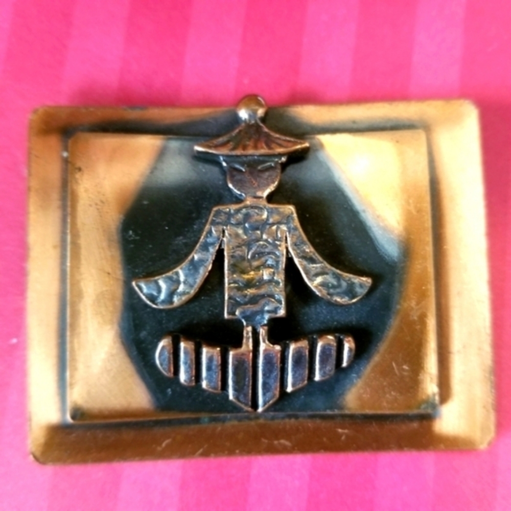 Vintage copper brooch sitting person design pin buddha